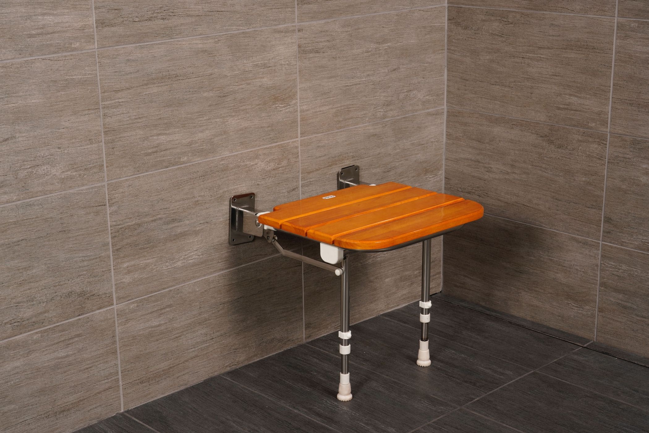 AKW Wooden Slatted Folding Shower Seat - Sturdy, Adjustable Height (390-640mm) For Elderly & Adults Up To 254kg